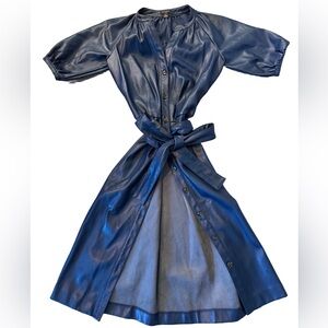 Ann Taylor Navy Faux Leather Button-Front Midi Dress with Tie Waist